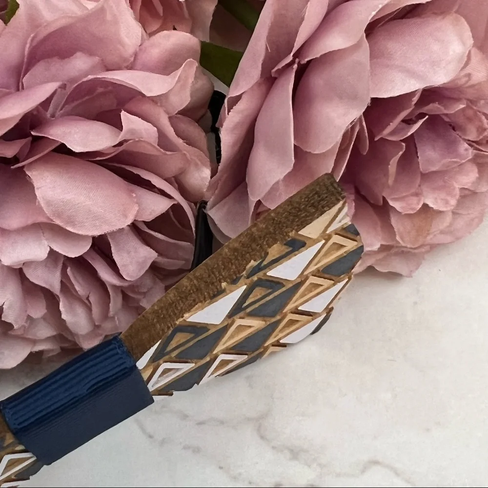 Hand Crafted Blue and White Geometric Wood Butterfly Bow Tie - Picture 9 of 16